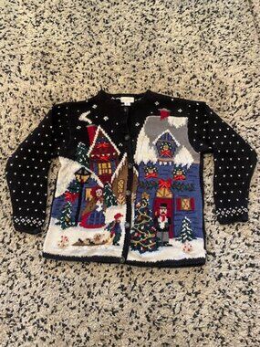 Vintage Novelty Christmas Cardigan Northern Isles. Medium. Tree, People, Dogs!!